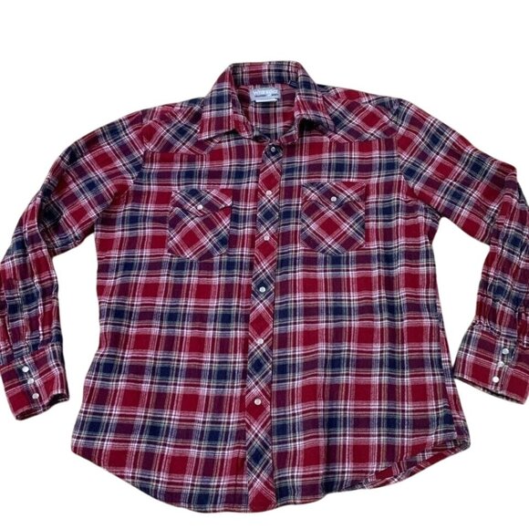 Wrangler Wrancher Western Shirt Mens XL Red Plaid Flannel Pearl Snaps - Picture 1 of 5